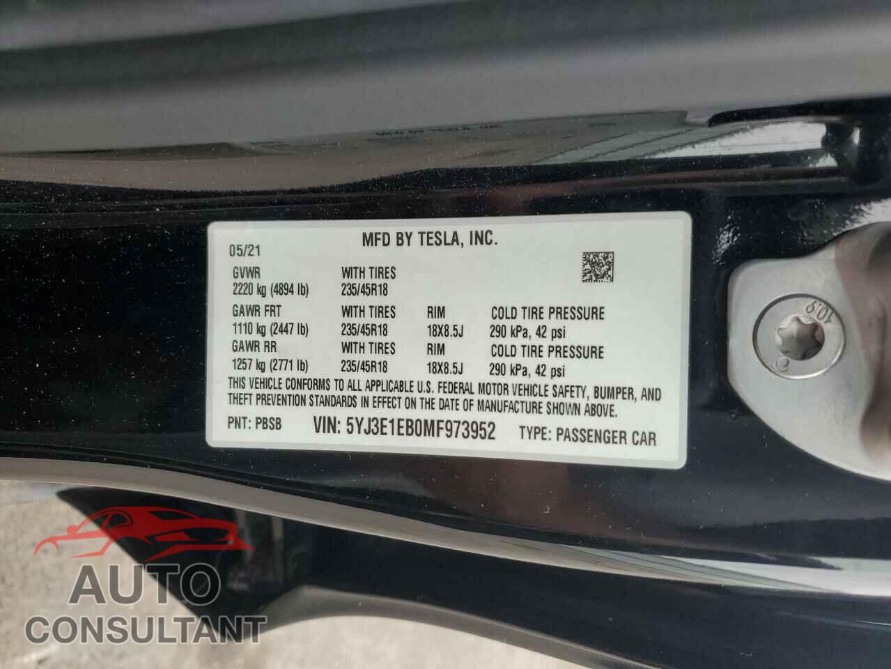 TESLA MODEL 3 2021 - 5YJ3E1EB0MF973952