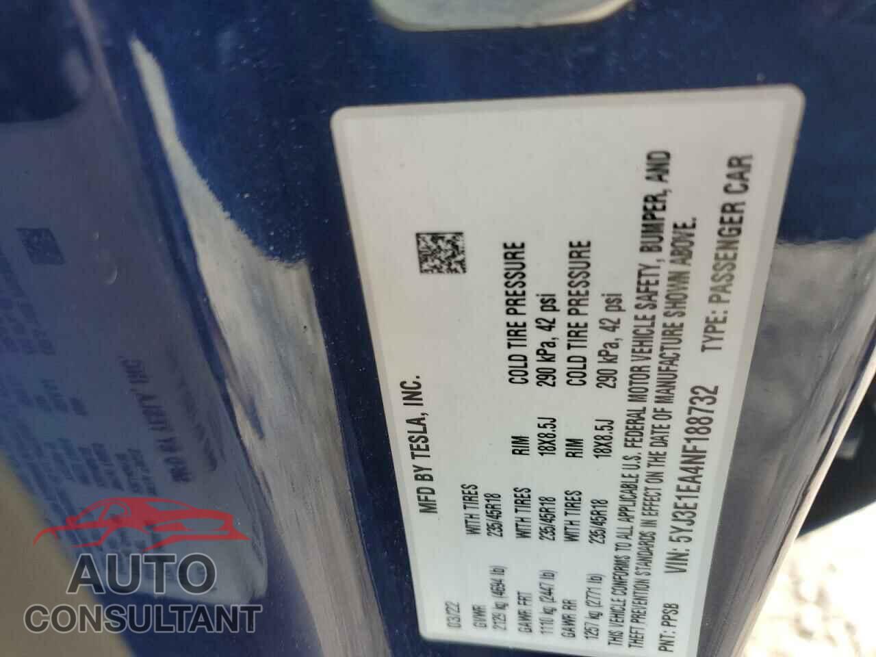 TESLA MODEL 3 2022 - 5YJ3E1EA4NF188732