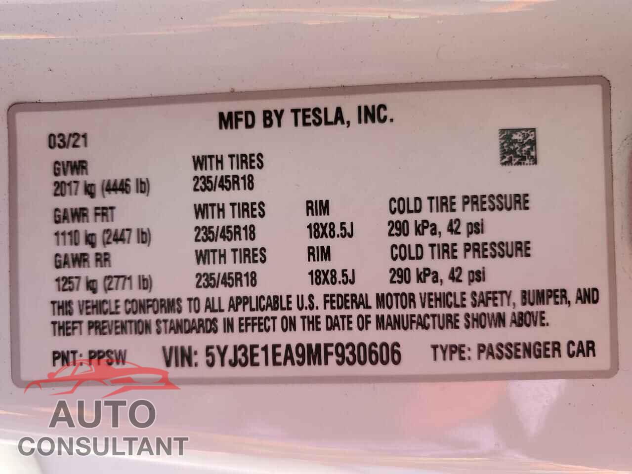 TESLA MODEL 3 2021 - 5YJ3E1EA9MF930606