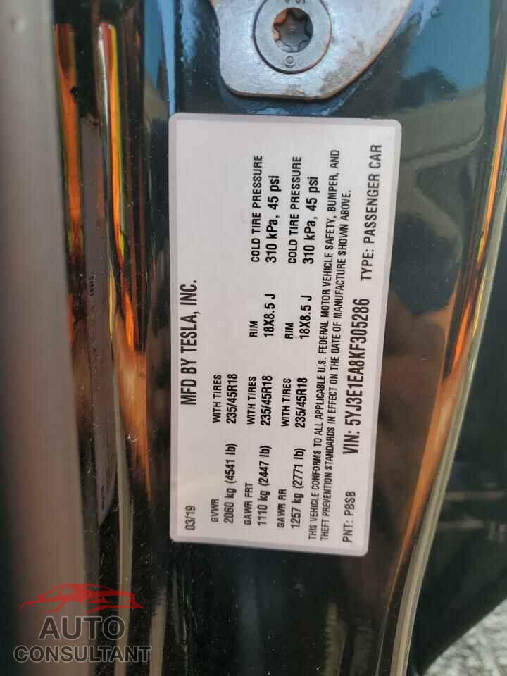 TESLA MODEL 3 2019 - 5YJ3E1EA8KF305286