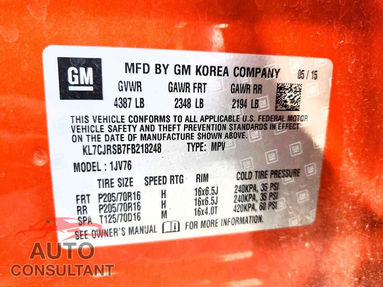 CHEVROLET TRAX 2015 - KL7CJRSB7FB218248