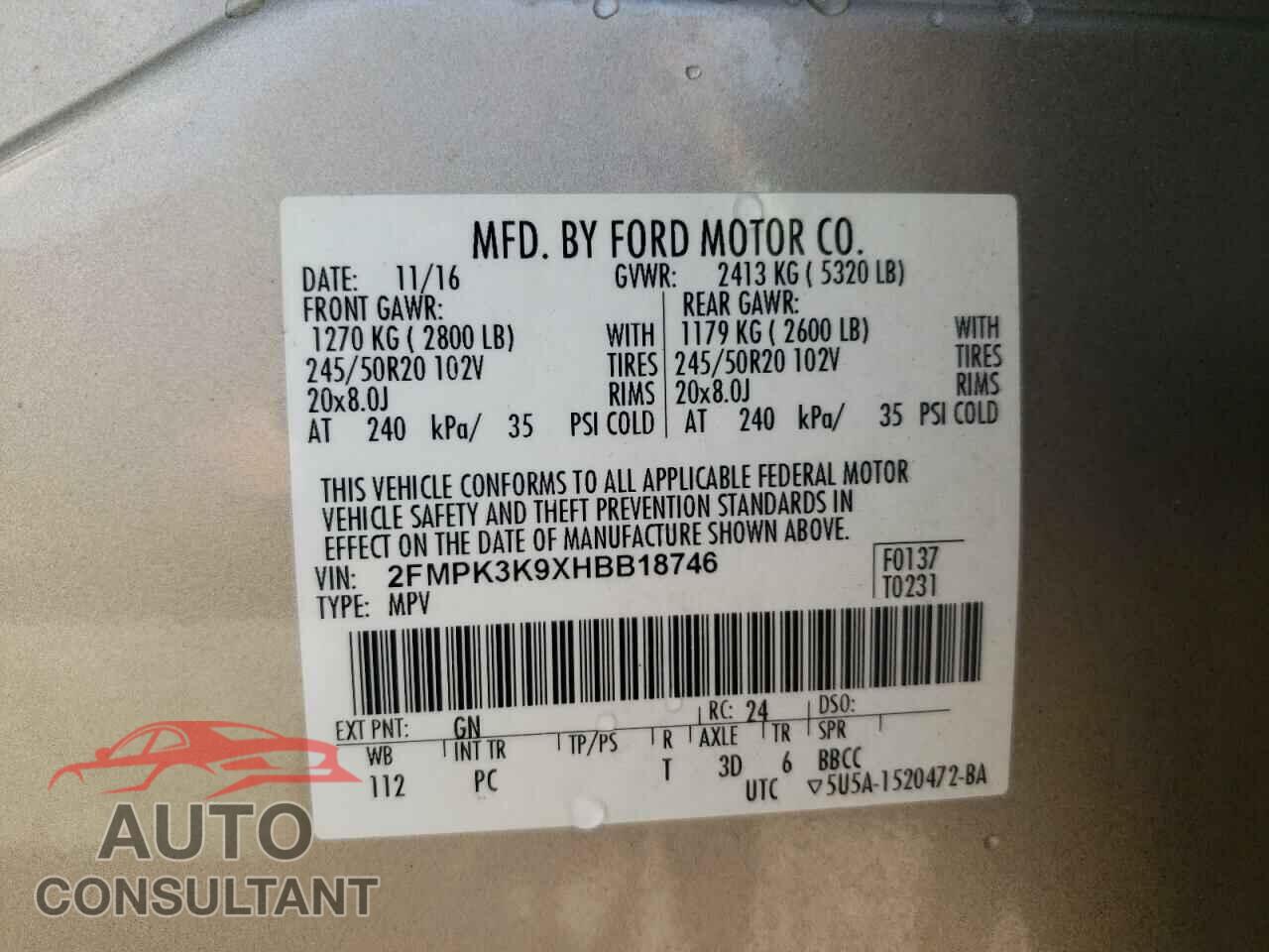 FORD EDGE 2017 - 2FMPK3K9XHBB18746