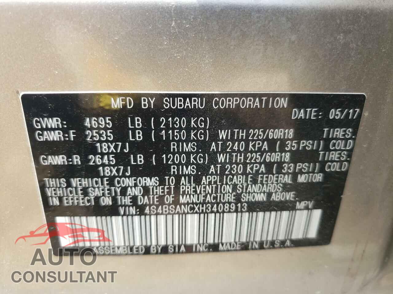 SUBARU OUTBACK 2017 - 4S4BSANCXH3408913