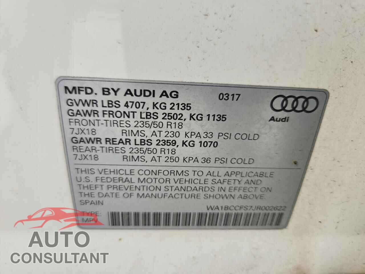 AUDI Q3 2018 - WA1BCCFS7JR002622