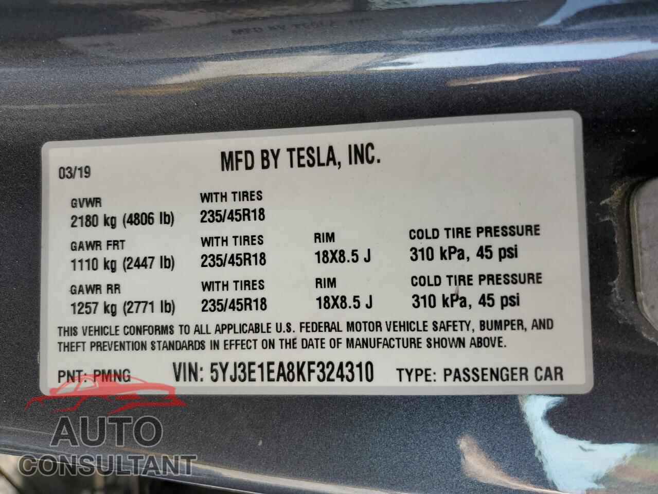 TESLA MODEL 3 2019 - 5YJ3E1EA8KF324310