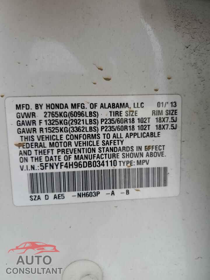 HONDA PILOT 2013 - 5FNYF4H96DB034110