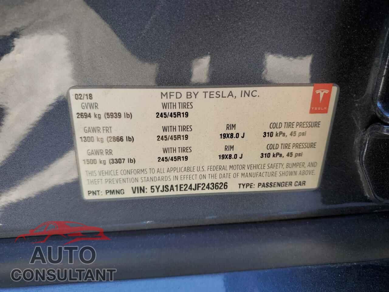 TESLA MODEL S 2018 - 5YJSA1E24JF243626