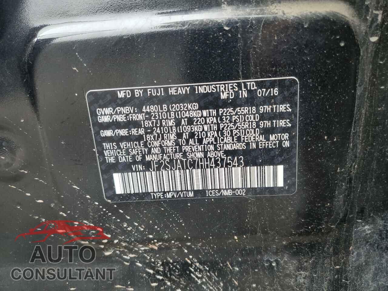 SUBARU FORESTER 2017 - JF2SJATC7HH437543