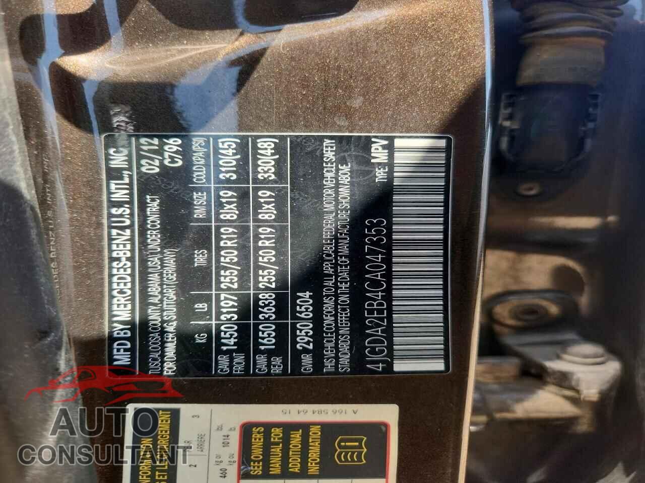 MERCEDES-BENZ M-CLASS 2012 - 4JGDA2EB4CA047353