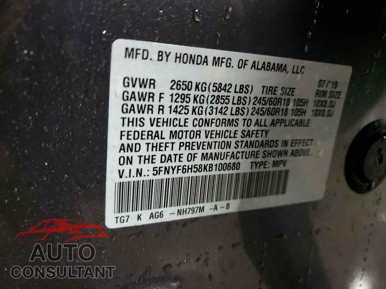 HONDA PILOT 2019 - 5FNYF6H58KB100680