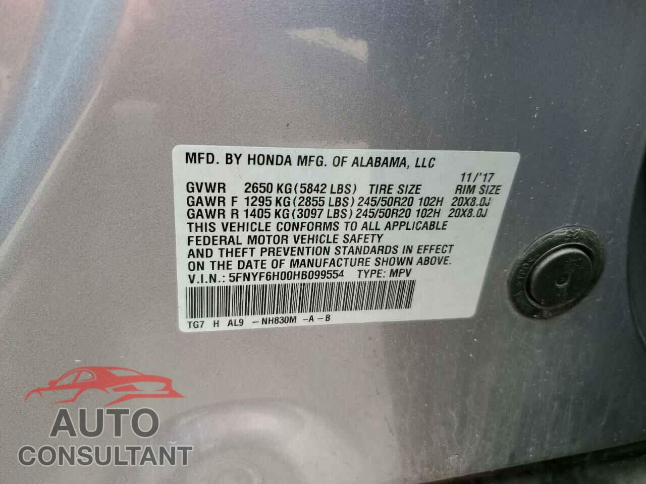 HONDA PILOT 2017 - 5FNYF6H00HB099554