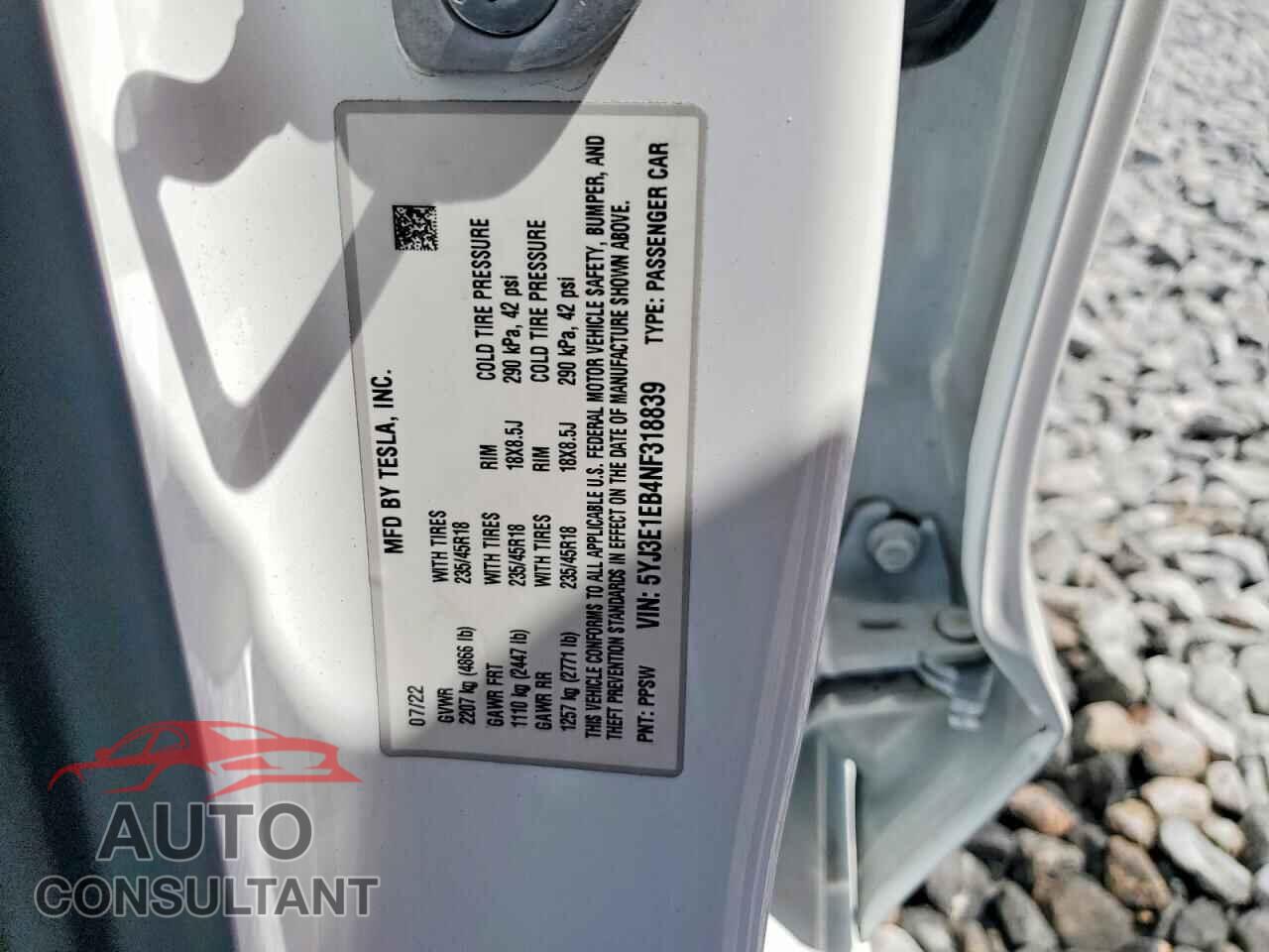 TESLA MODEL 3 2022 - 5YJ3E1EB4NF318839