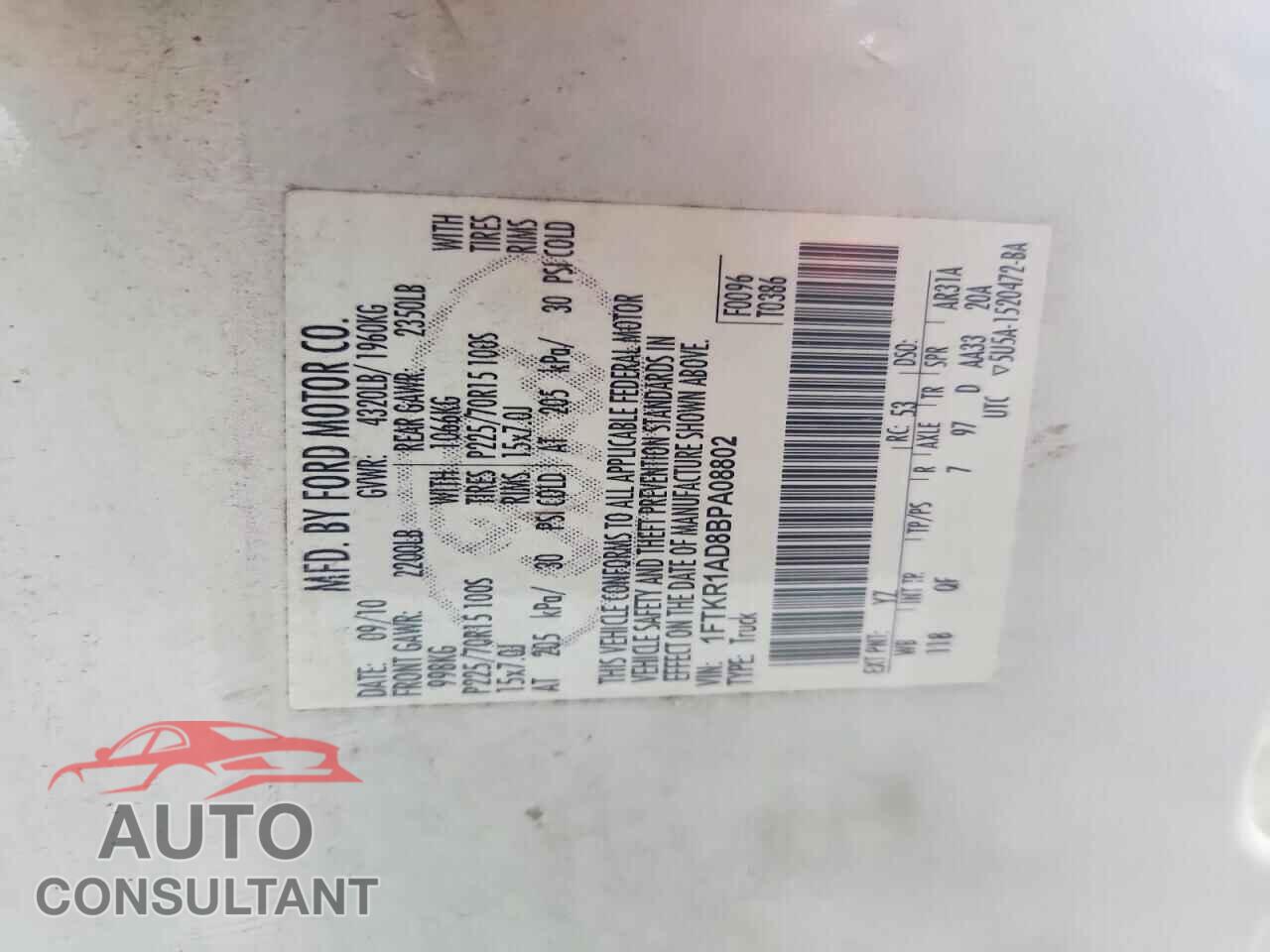 FORD RANGER 2011 - 1FTKR1AD8BPA08802