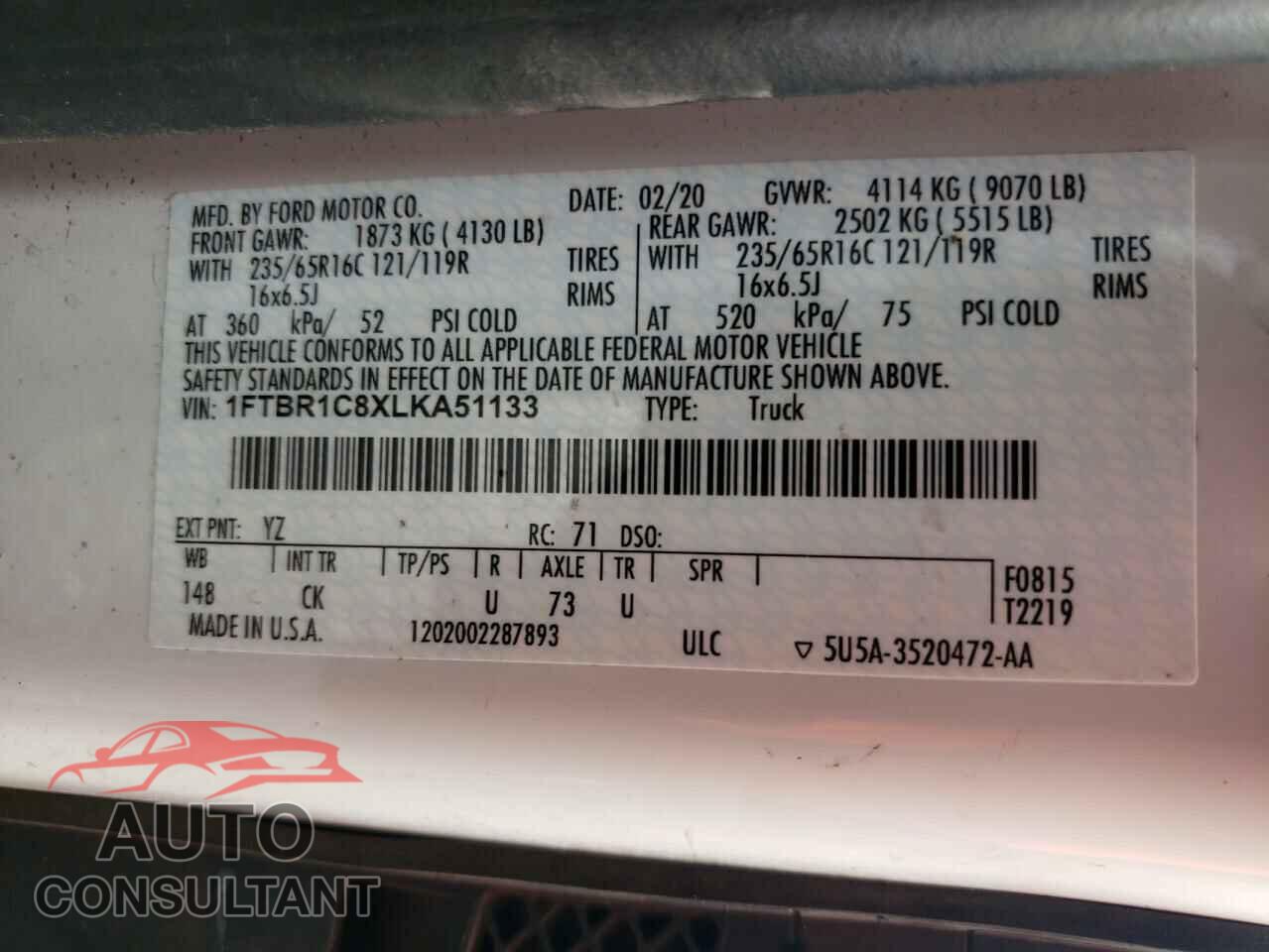 FORD TRANSIT CO 2020 - 1FTBR1C8XLKA51133
