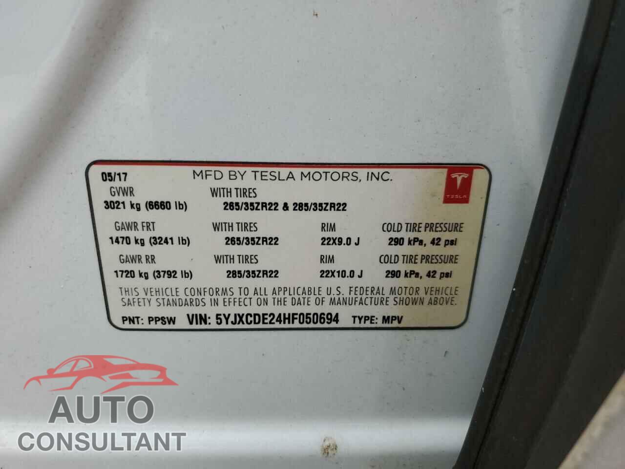 TESLA MODEL X 2017 - 5YJXCDE24HF050694