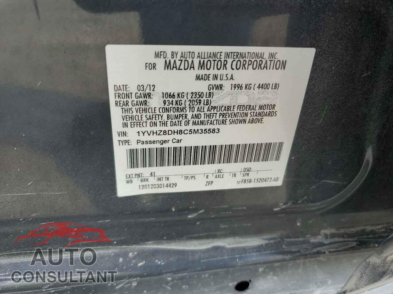 MAZDA 6 2012 - 1YVHZ8DH8C5M35583