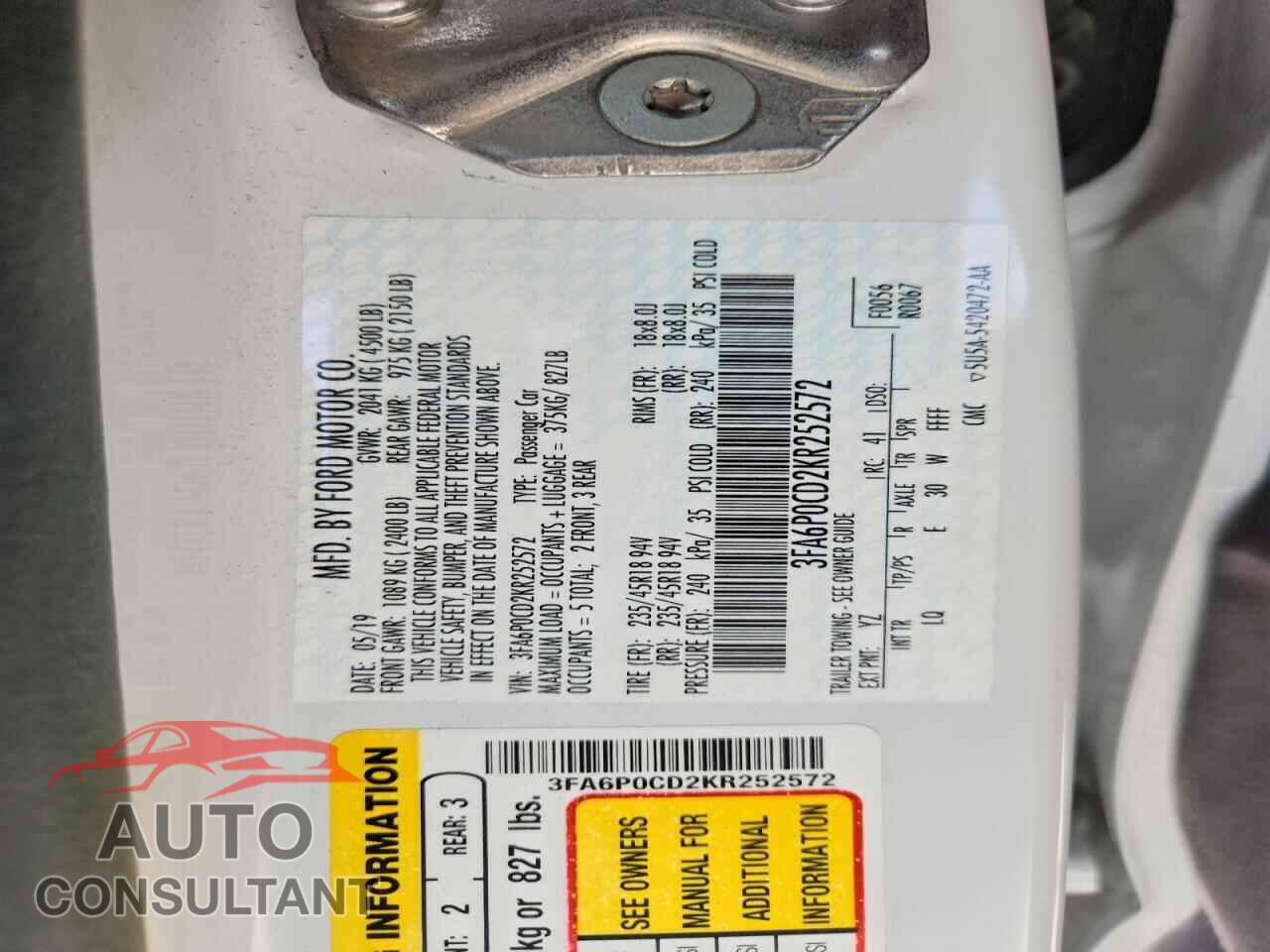 FORD FUSION 2019 - 3FA6P0CD2KR252572