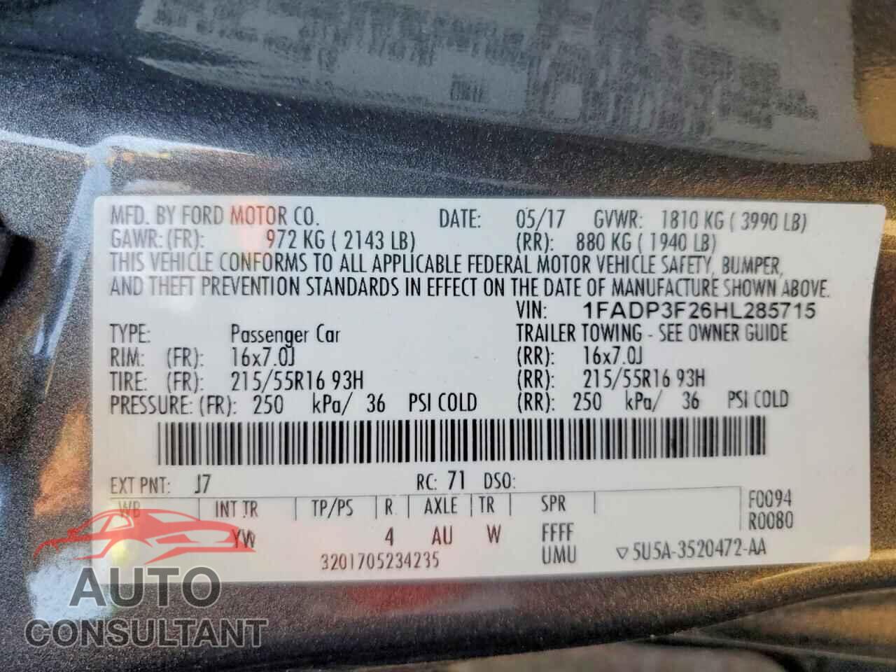 FORD FOCUS 2017 - 1FADP3F26HL285715