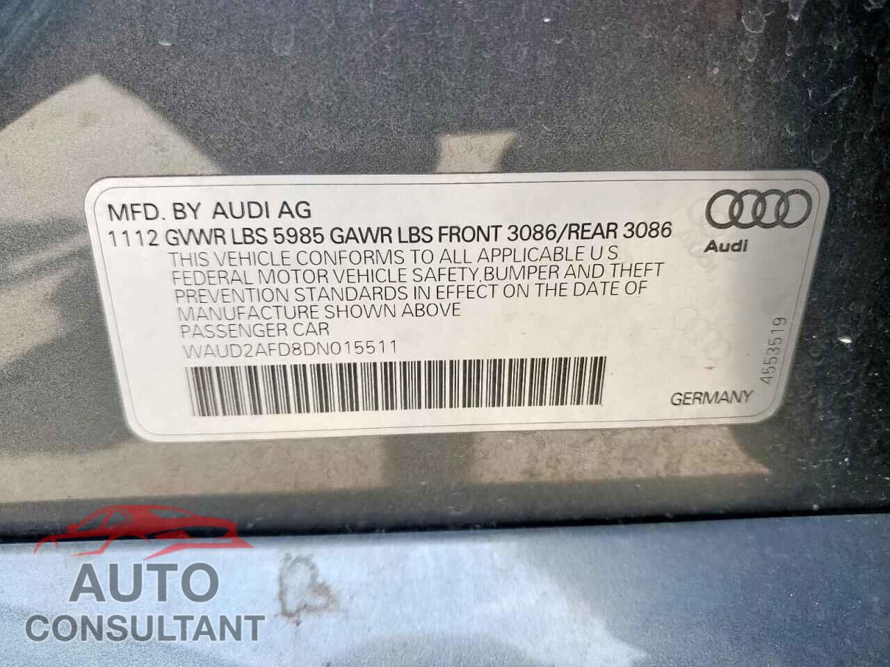 AUDI S8 2013 - WAUD2AFD8DN015511