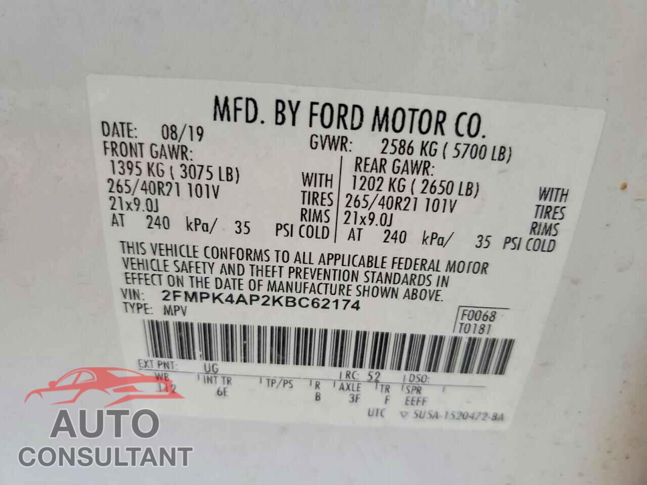 FORD EDGE 2019 - 2FMPK4AP2KBC62174