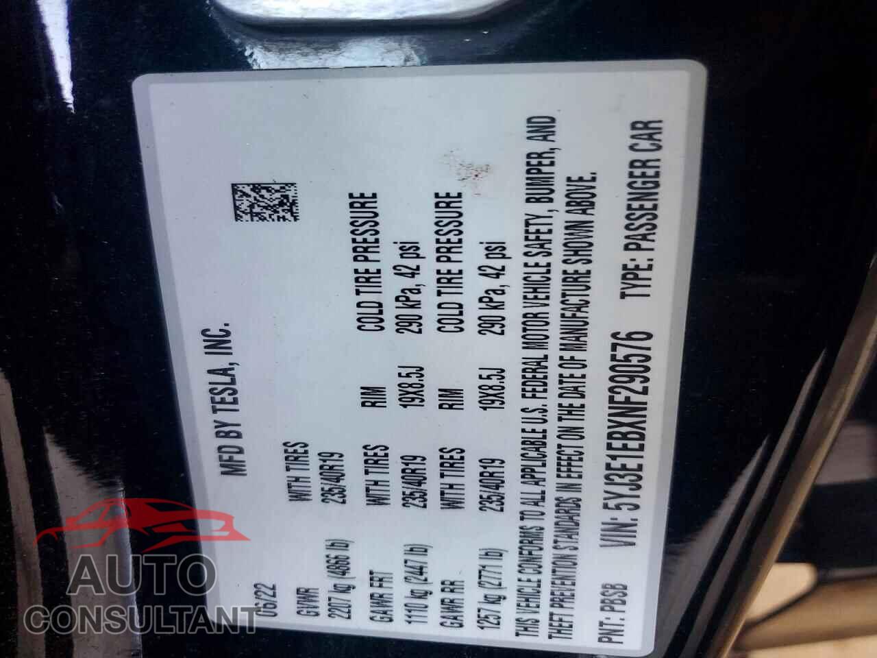 TESLA MODEL 3 2022 - 5YJ3E1EBXNF290576