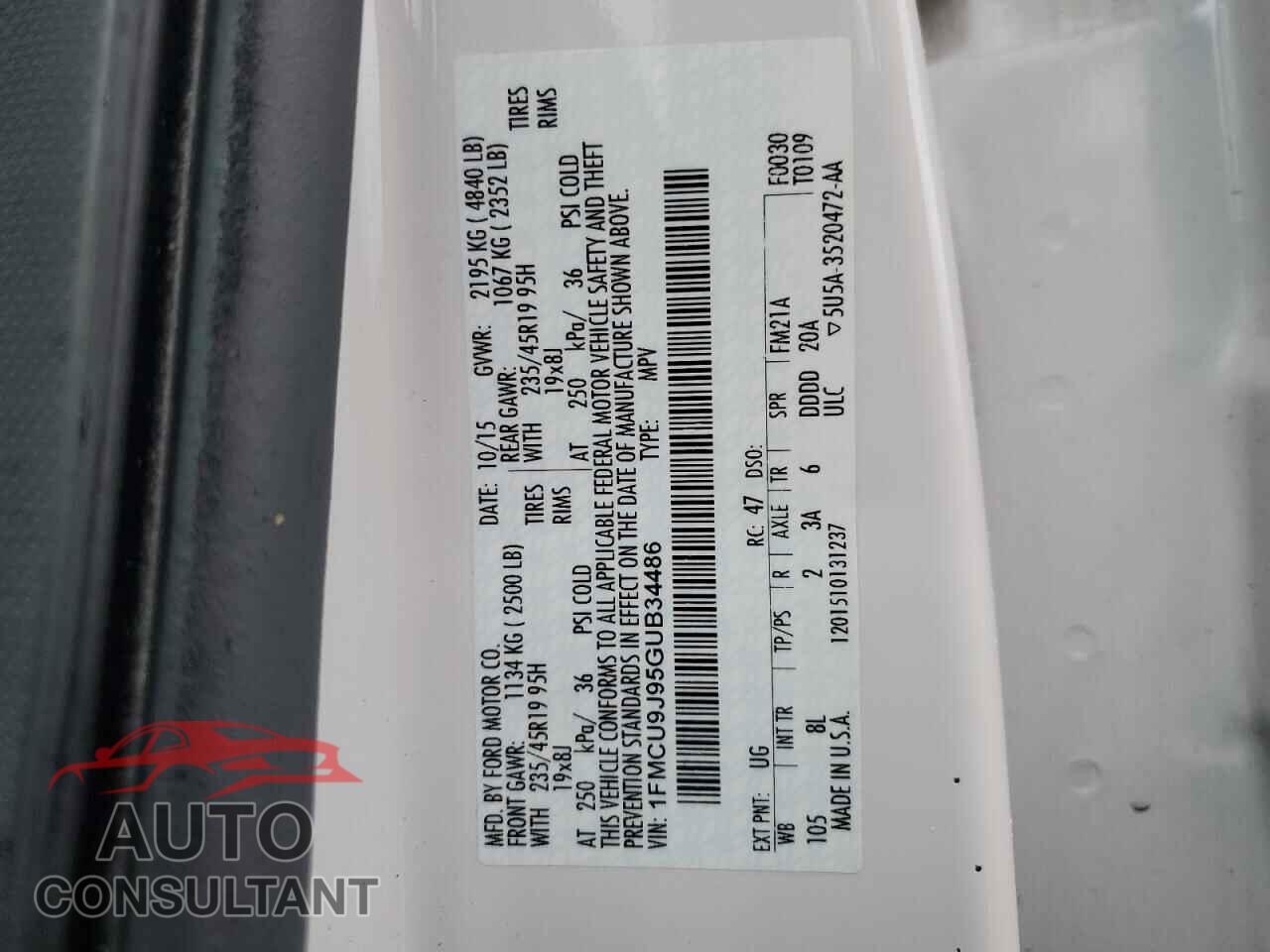 FORD ESCAPE 2016 - 1FMCU9J95GUB34486