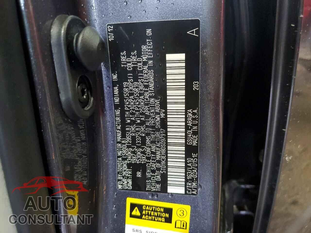 TOYOTA HIGHLANDER 2013 - 5TDYK3EH8DS097917