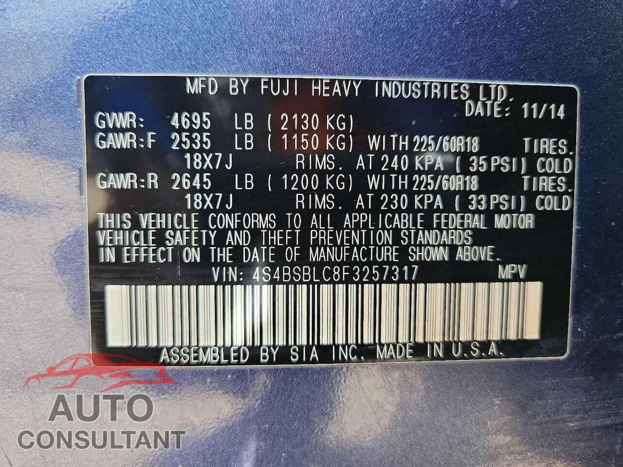 SUBARU OUTBACK 2015 - 4S4BSBLC8F3257317