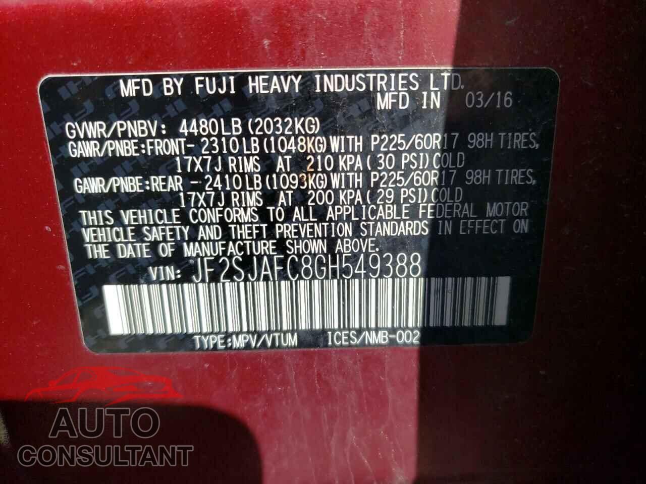 SUBARU FORESTER 2016 - JF2SJAFC8GH549388