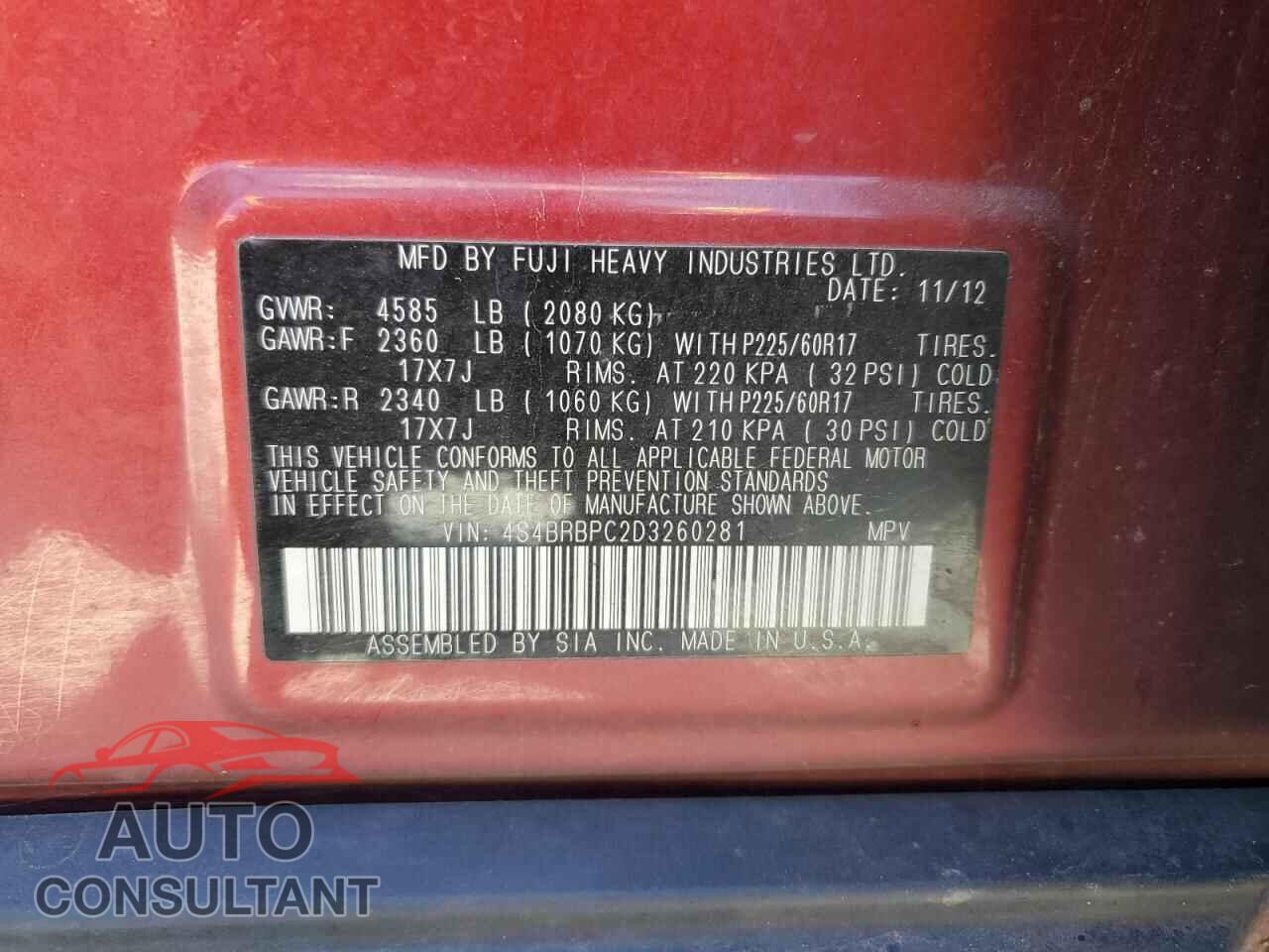 SUBARU OUTBACK 2013 - 4S4BRBPC2D3260281