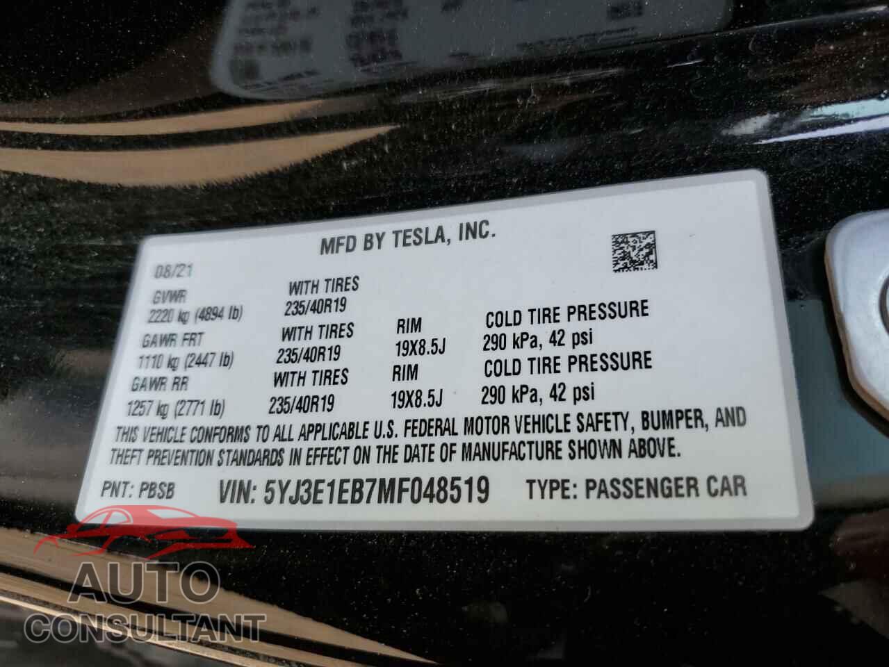 TESLA MODEL 3 2021 - 5YJ3E1EB7MF048519