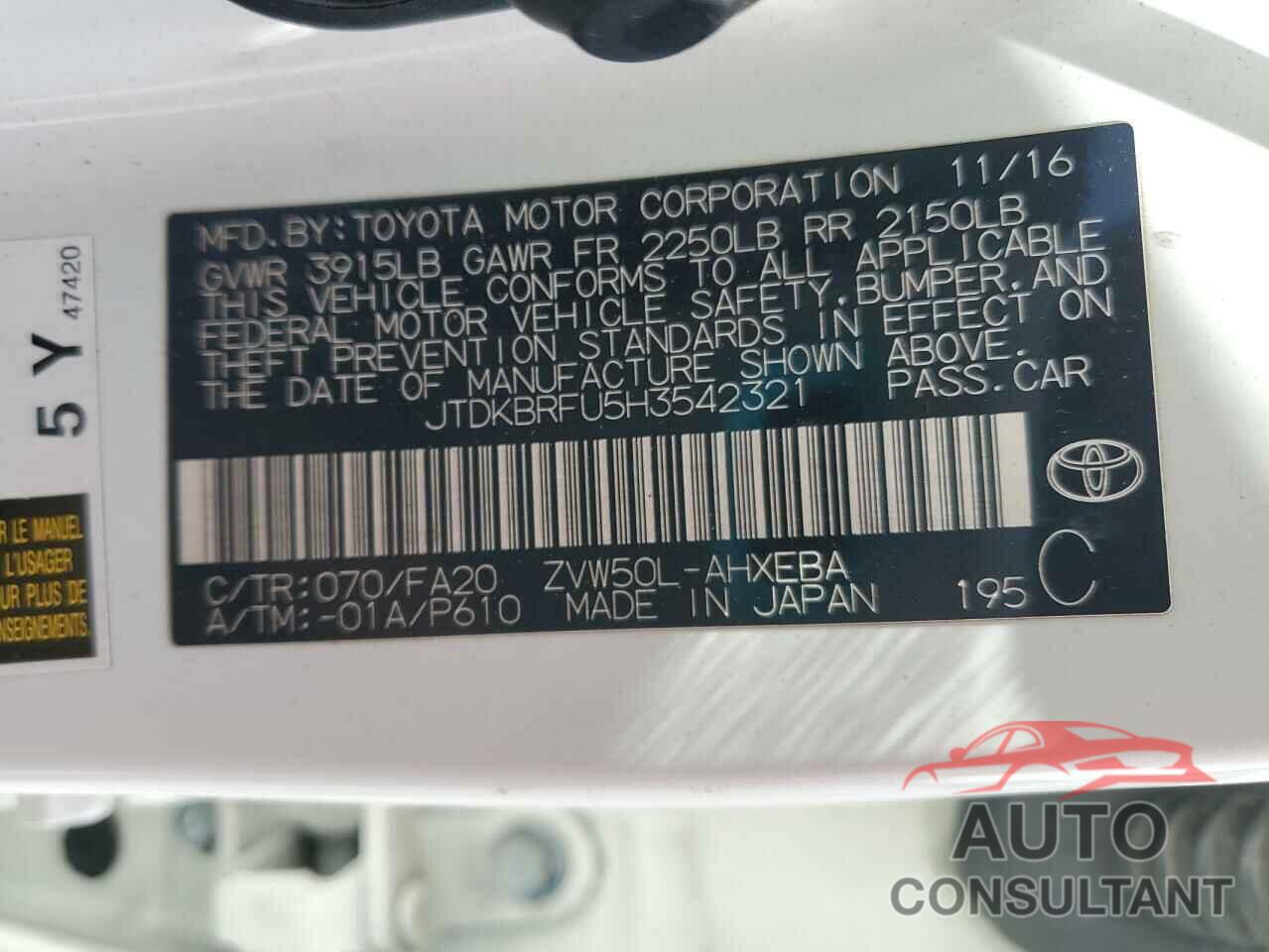 TOYOTA PRIUS 2017 - JTDKBRFU5H3542321