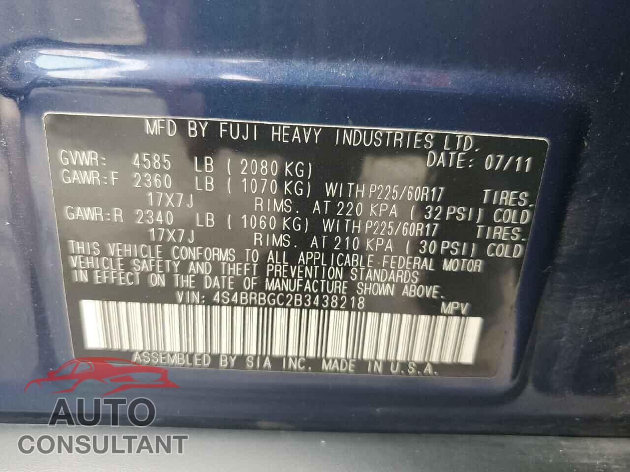 SUBARU OUTBACK 2011 - 4S4BRBGC2B3438218