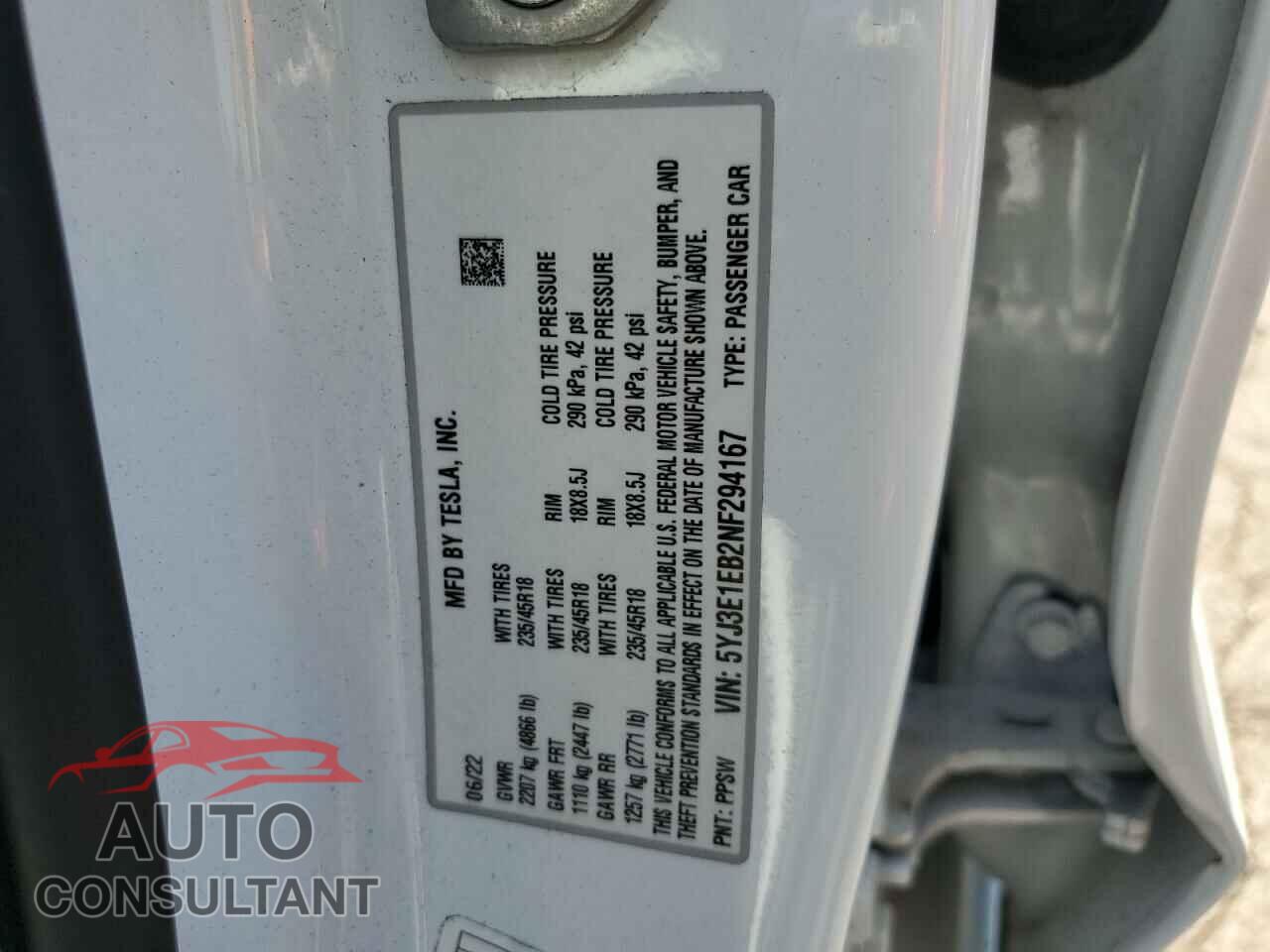 TESLA MODEL 3 2022 - 5YJ3E1EB2NF294167