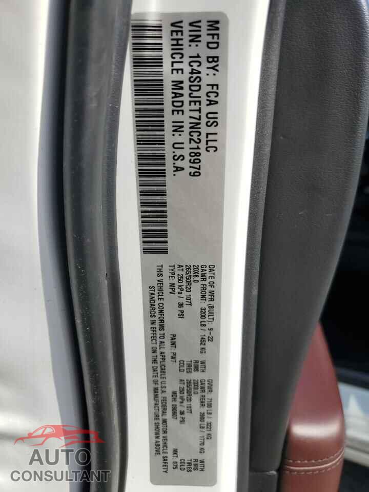 DODGE DURANGO 2022 - 1C4SDJET7NC218979