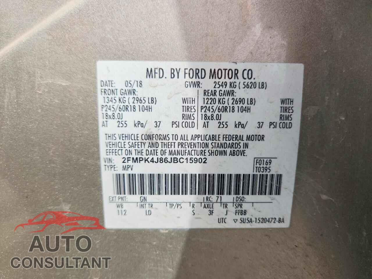 FORD EDGE 2018 - 2FMPK4J86JBC15902