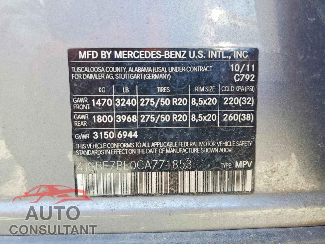 MERCEDES-BENZ GL-CLASS 2012 - 4JGBF7BE0CA771853