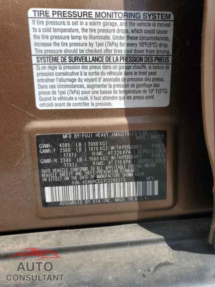 SUBARU OUTBACK 2012 - 4S4BRCCC1C3288373