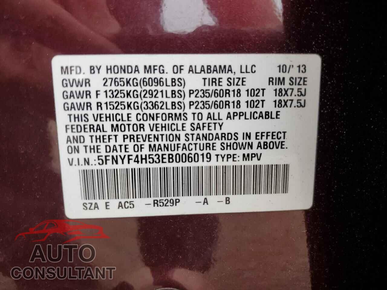 HONDA PILOT 2014 - 5FNYF4H53EB006019