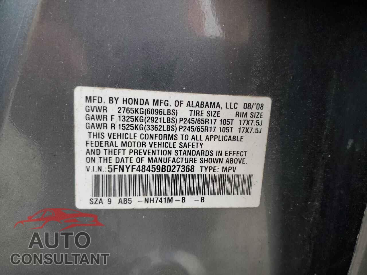 HONDA PILOT 2009 - 5FNYF48459B027368