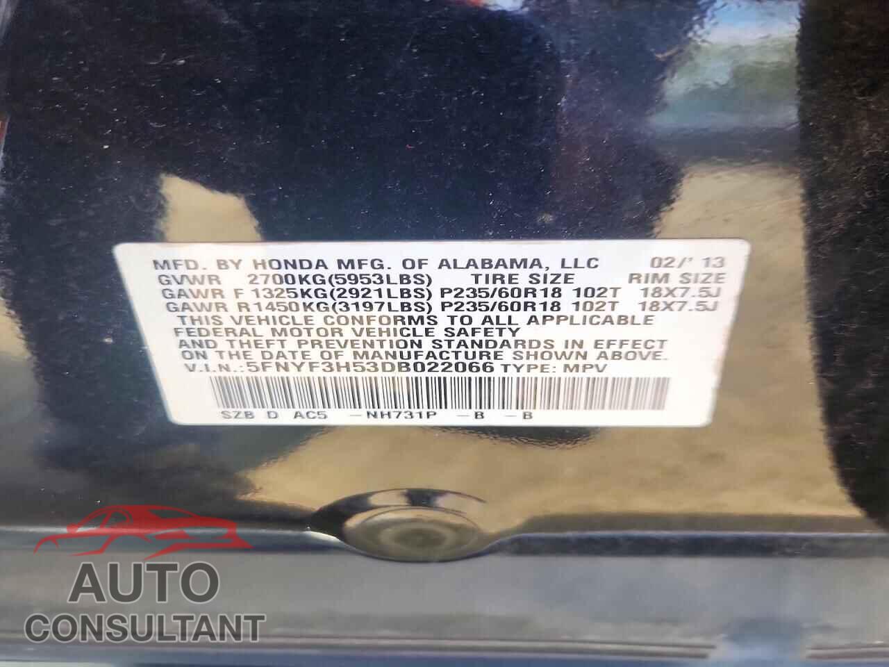HONDA PILOT 2013 - 5FNYF3H53DB022066