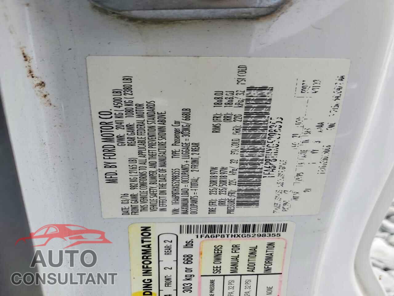 FORD MUSTANG 2016 - 1FA6P8THXG5298355