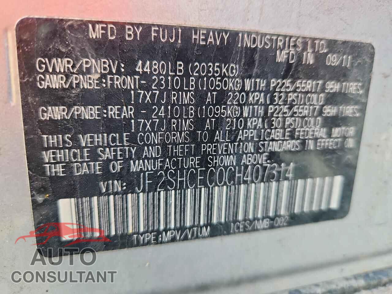 SUBARU FORESTER 2012 - JF2SHCEC0CH407314
