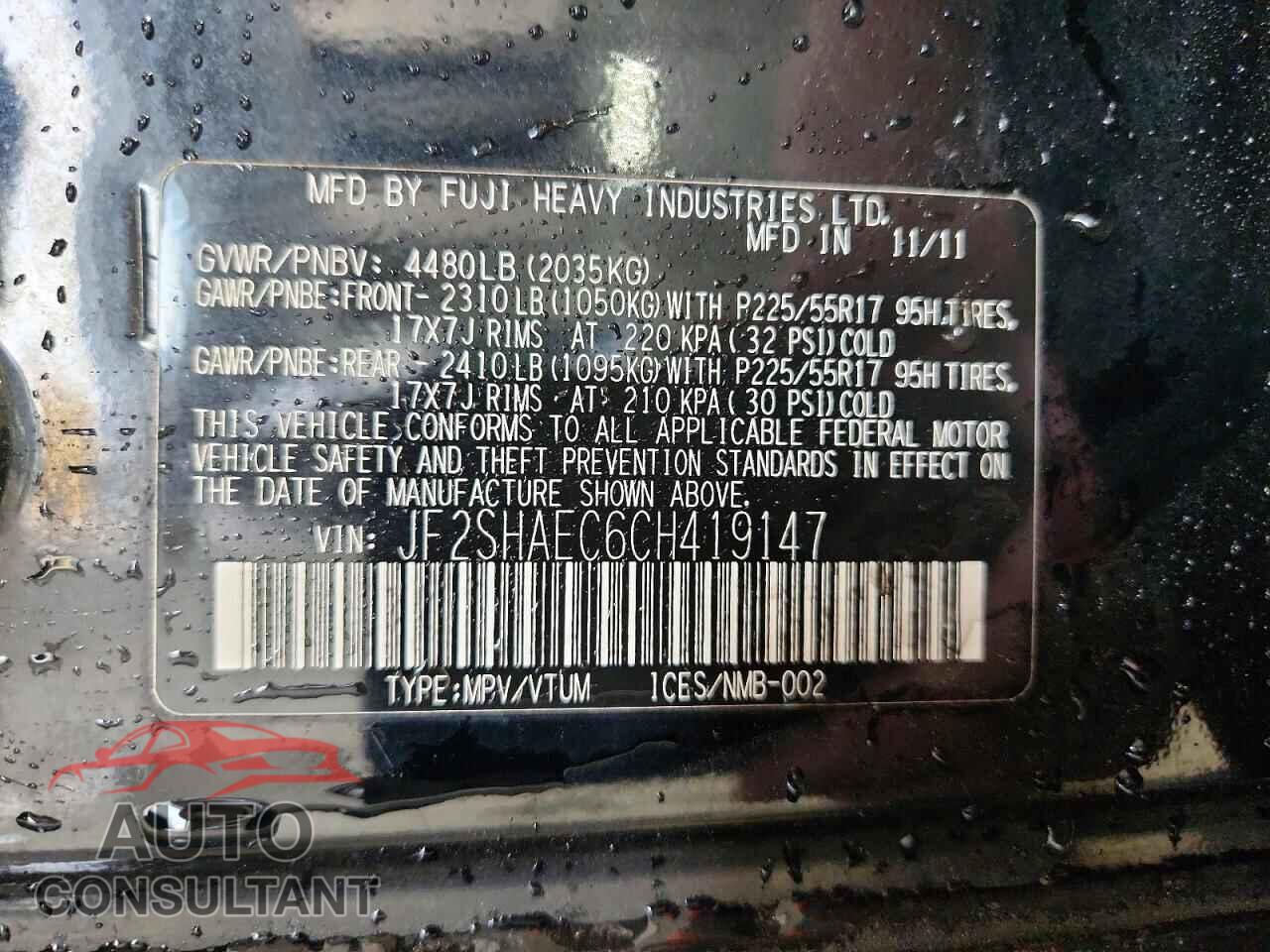 SUBARU FORESTER 2012 - JF2SHAEC6CH419147