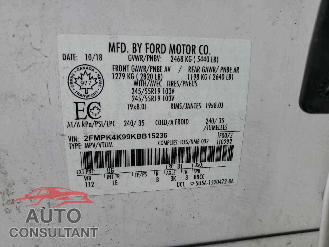 FORD EDGE 2019 - 2FMPK4K99KBB15236