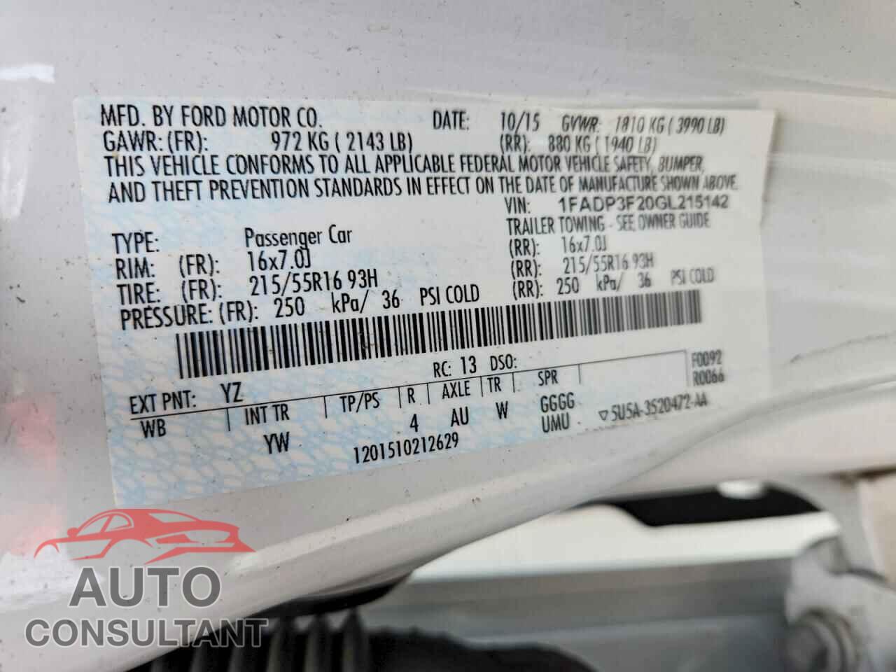 FORD FOCUS 2016 - 1FADP3F20GL215142