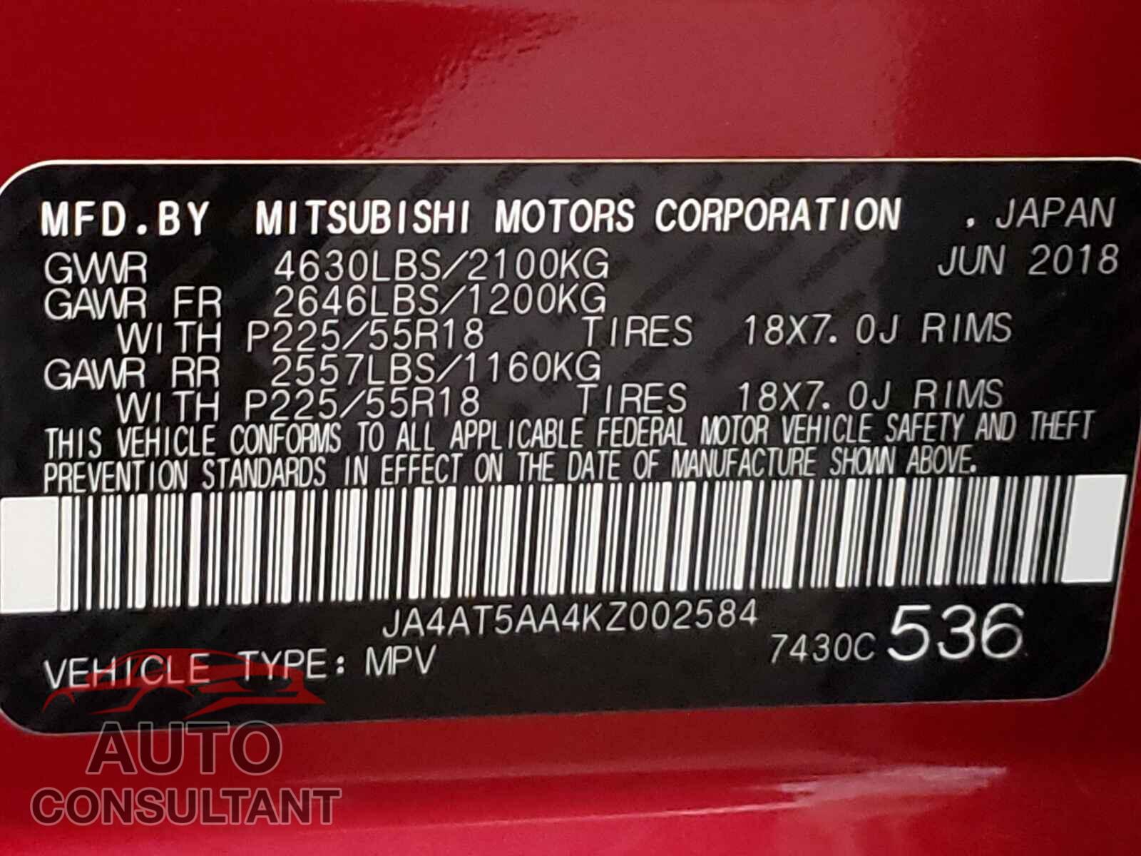 MITSUBISHI ECLIPSE 2019 - JA4AT5AA4KZ002584