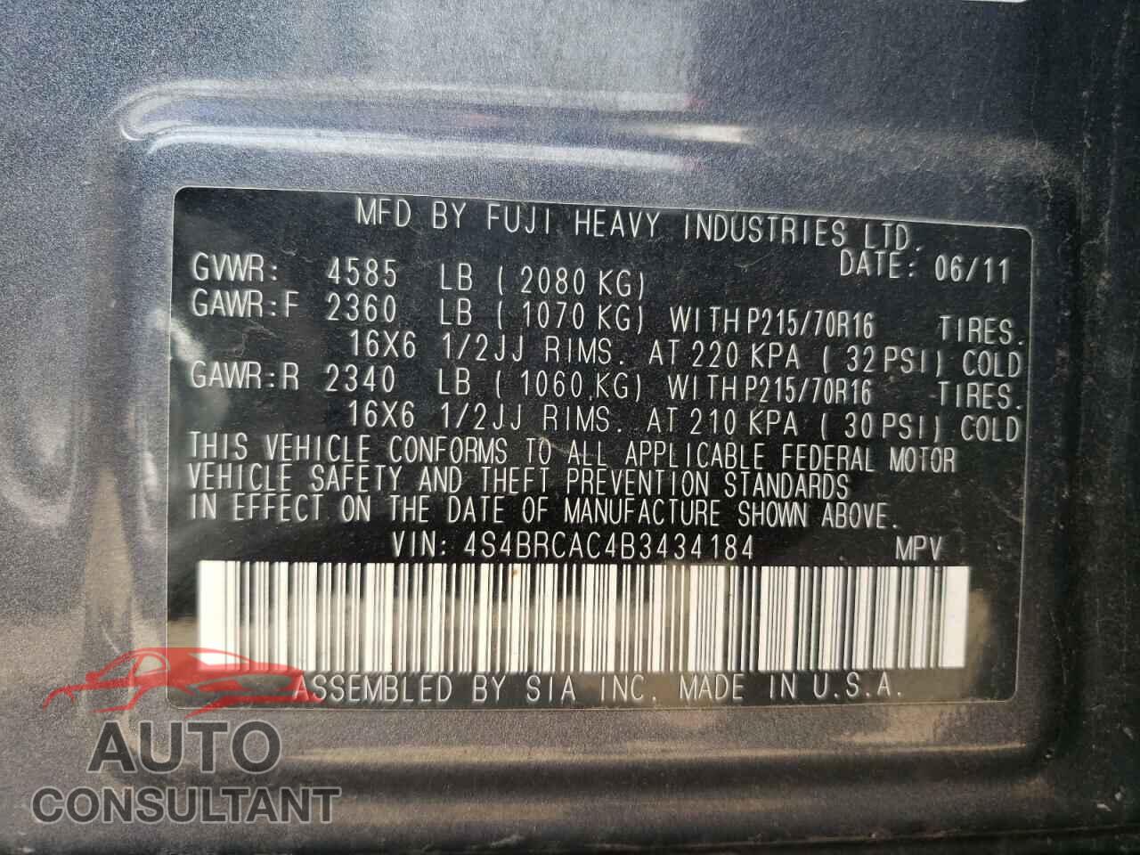 SUBARU OUTBACK 2011 - 4S4BRCAC4B3434184