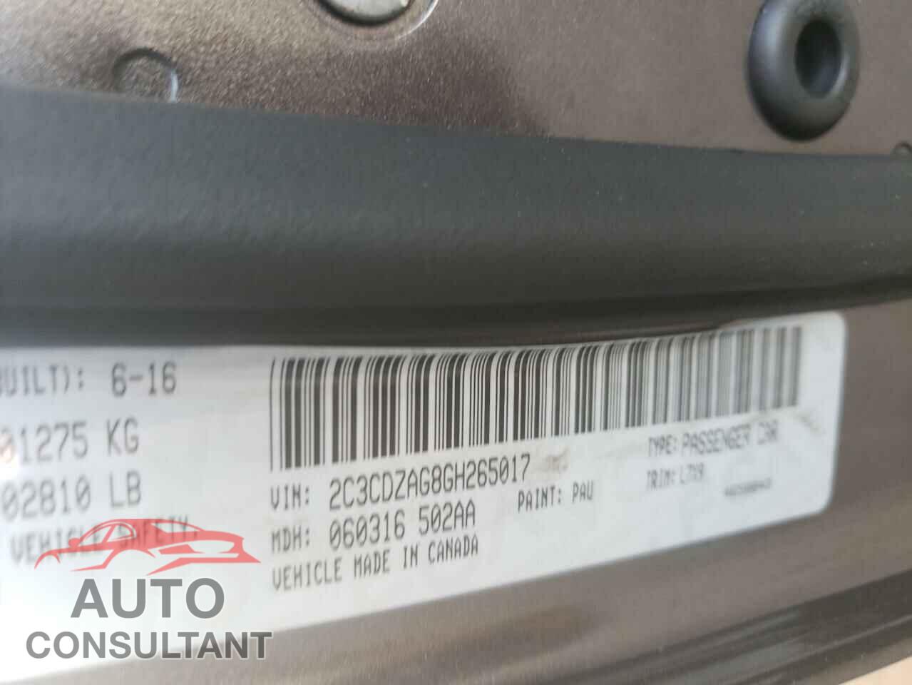 DODGE CHALLENGER 2016 - 2C3CDZAG8GH265017
