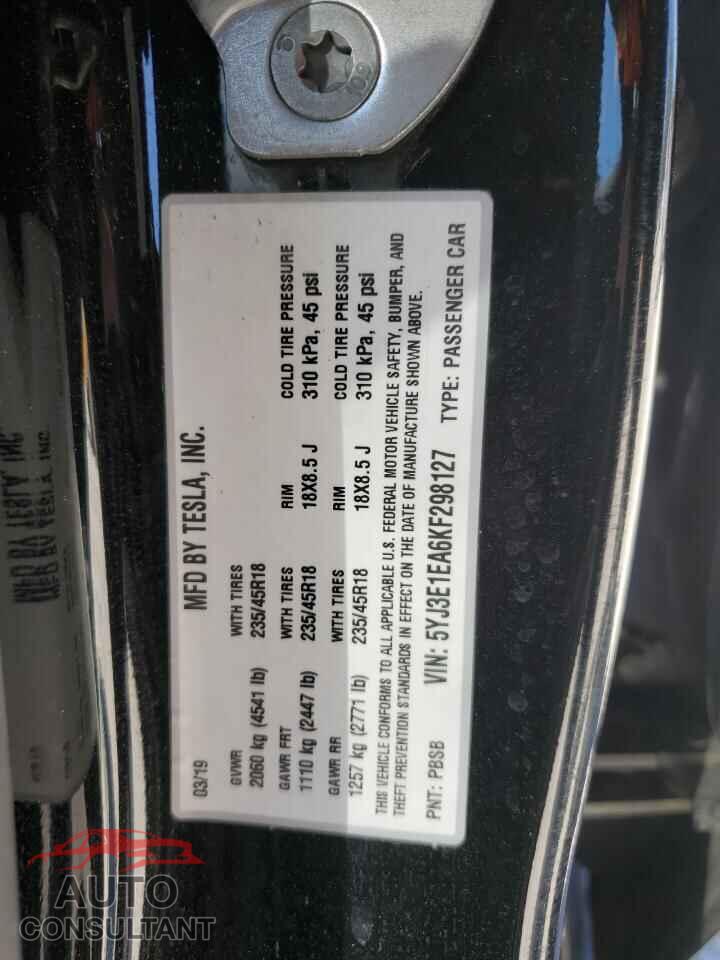 TESLA MODEL 3 2019 - 5YJ3E1EA6KF298127